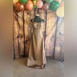Brown beaded backless halter top formal homecoming prom dress size 10 Mori Lee